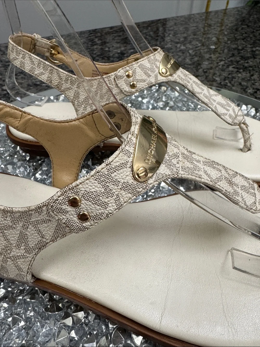 Michael Kors Beige Logo T-Strap Sandals 8